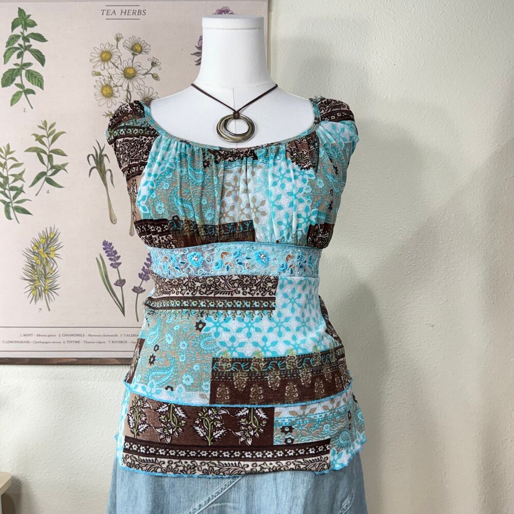 Y2k Patchwork Embroidered Sequin Babydoll Top Boho Hippie Forest Fairy Whimsy XL